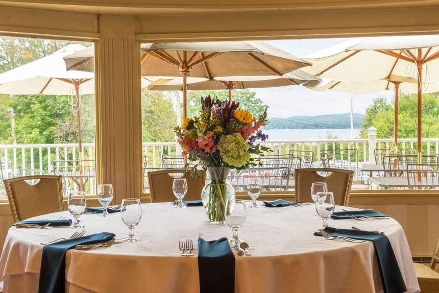 Banquet tables setup for dining at Wolfeboro Inn