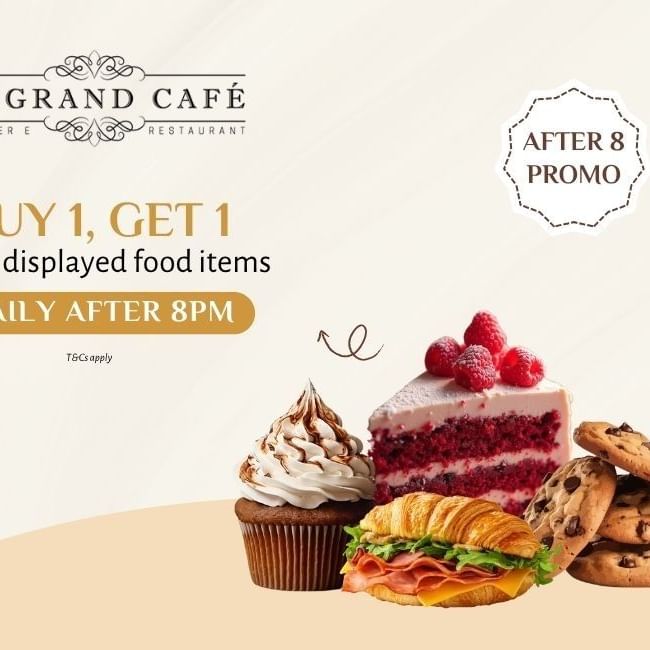 Le Grand Cafe promotion poster showing desserts and sandwiches with 