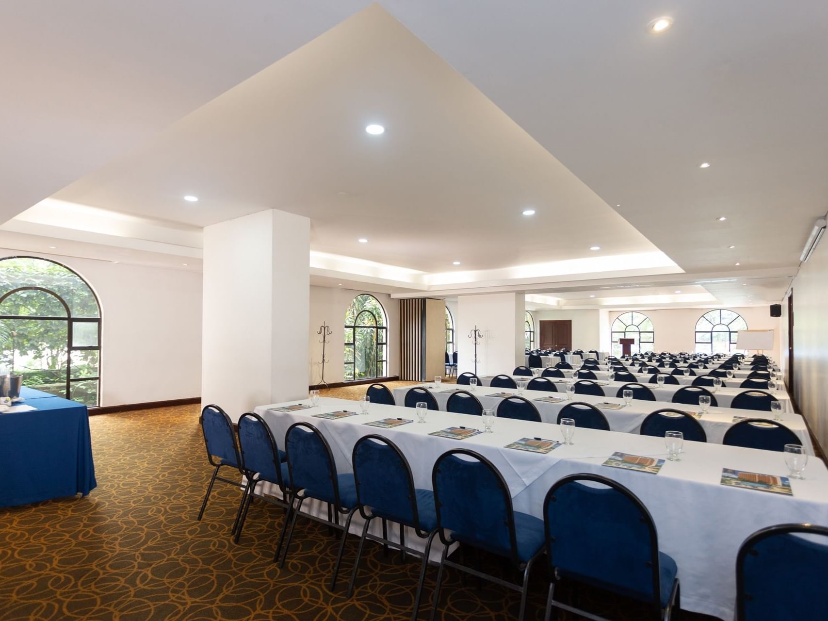 Classroom-style table set up in Corcega at Hotel Dann Carlton Medellin