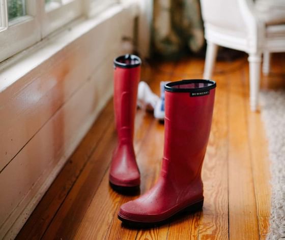 Red boots by the window, wooden floor & comfy chair in a room at The Clifton
