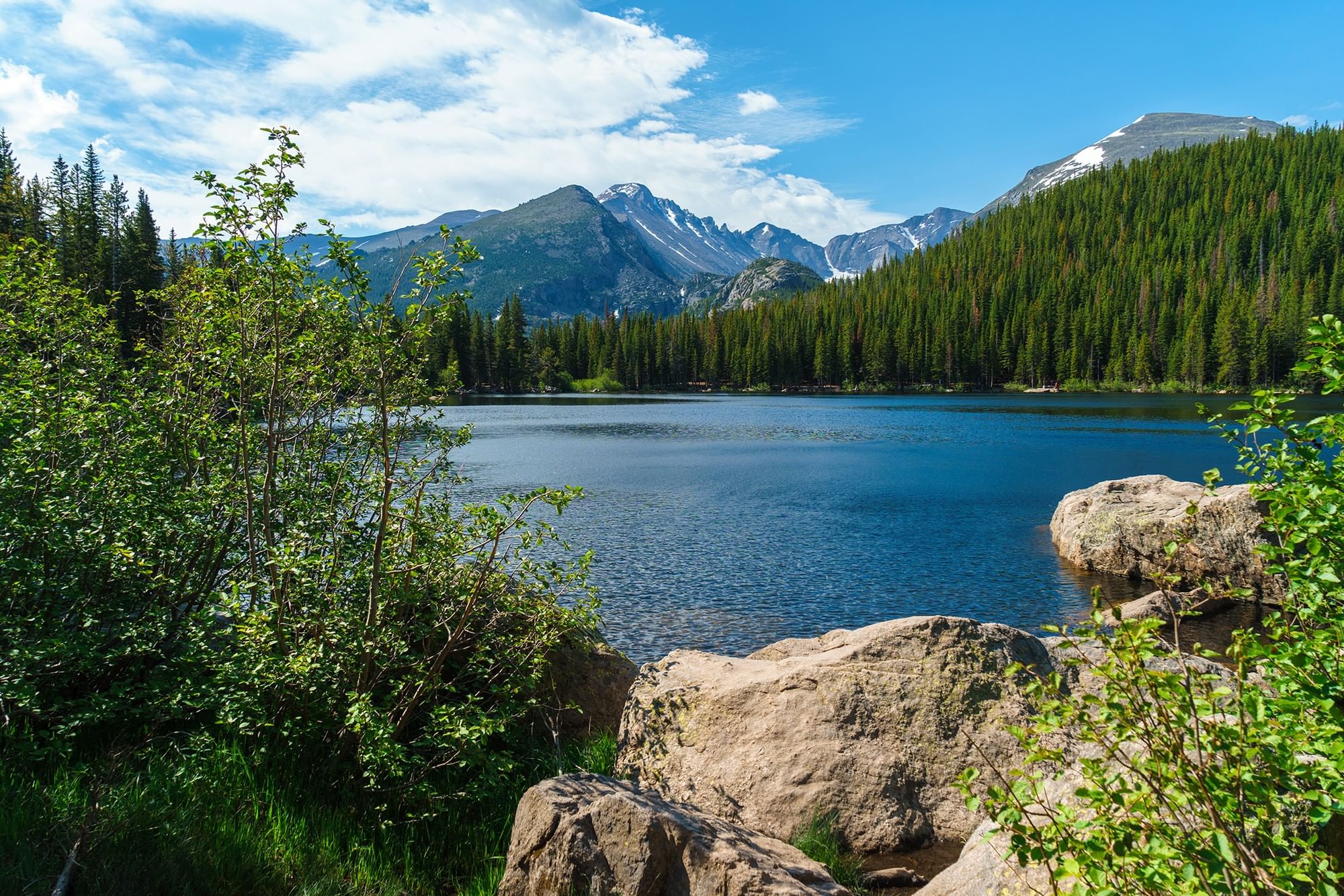 Calm mountain lake surrounded by dense evergreen forests under a blue sky Warwick Denver