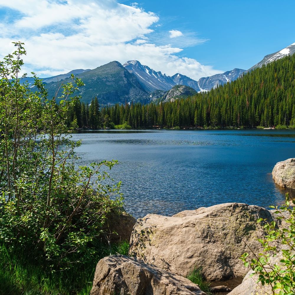 Bear Lake with large rocks under a pine forest with snowy mountain peaks near Warwick Denver
