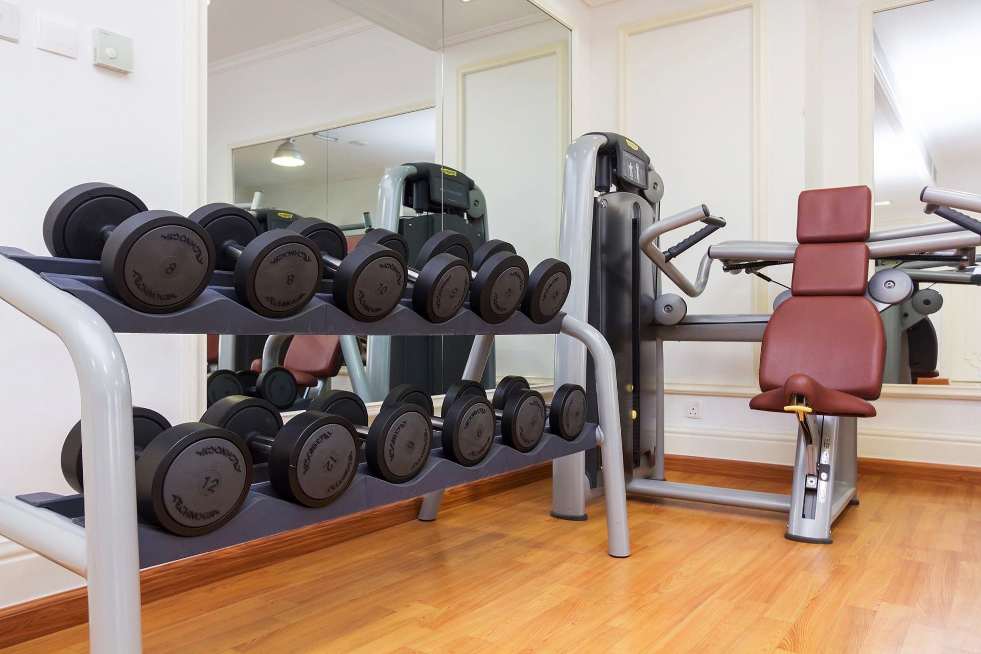 Close-up of dumbbells arranged on a rack in the Fitness Center at Warwick Doha