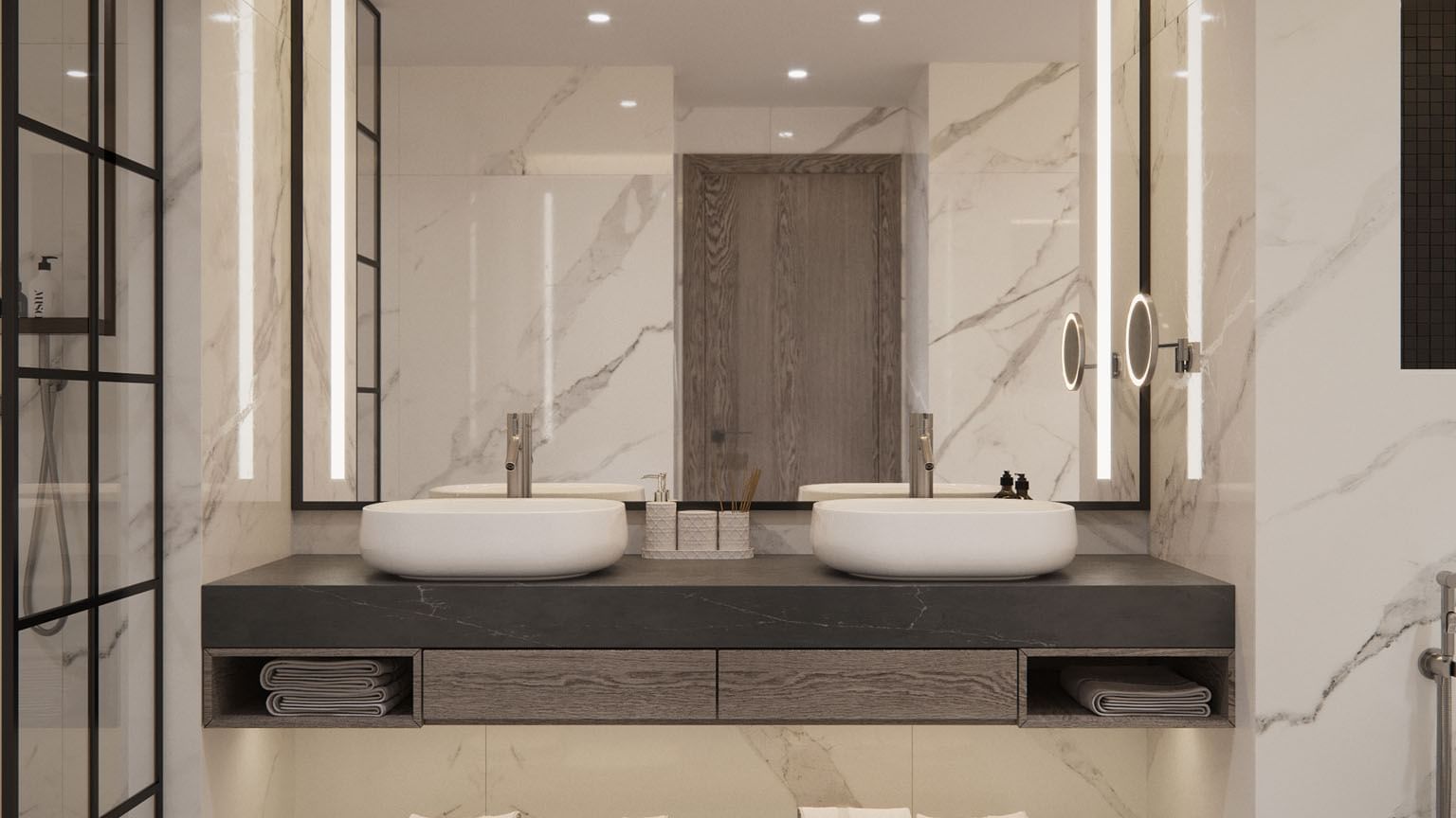 Two washbasins and towels in the Family Scene Room at  Paramount Hotel Midtown