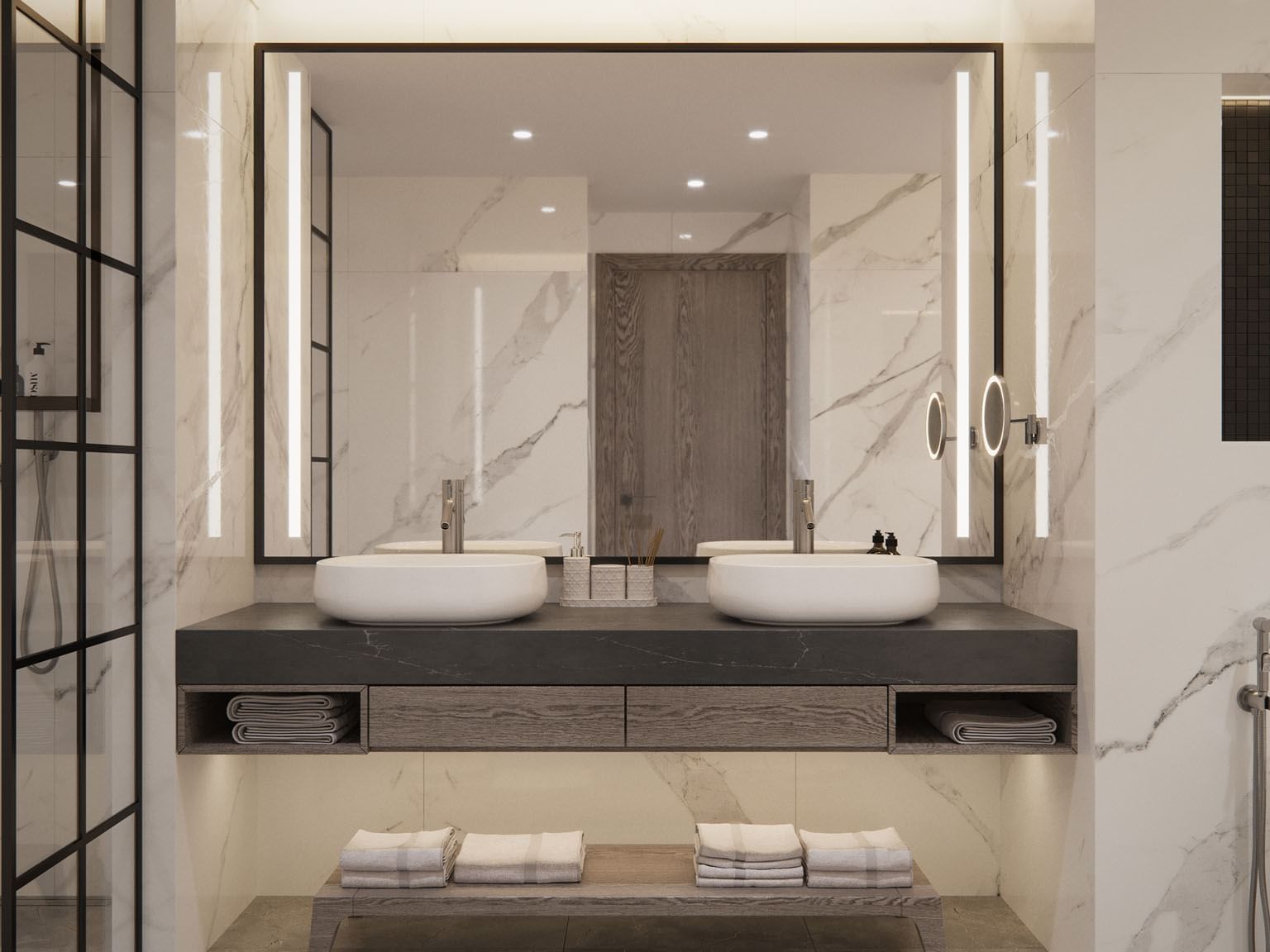  Bathroom vanity with provided towels in a hotel room at Paramount Hotel Midtown