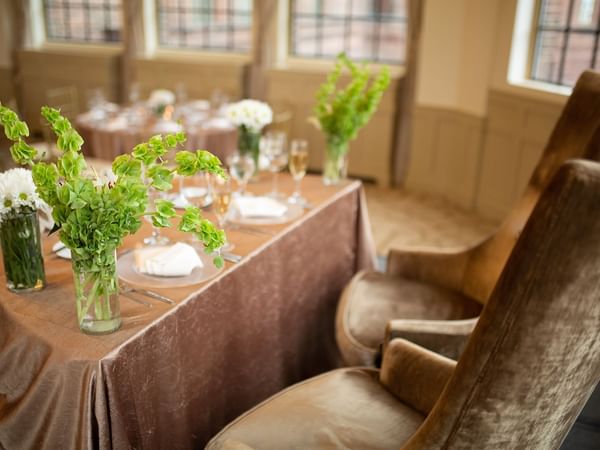 Banquet table close-up with greenery decors at Warwick Allerton