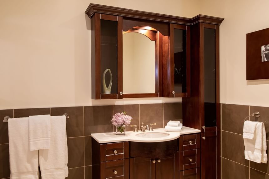 Bathroom vanity & towels in King Superior Study at Retro Suites
