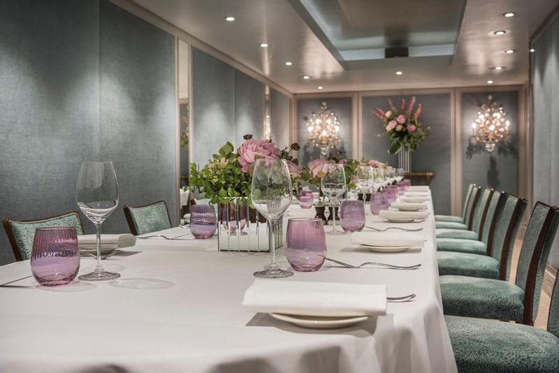 Cadogan Meeting Room with glassware on long table at The Capital by Warwick