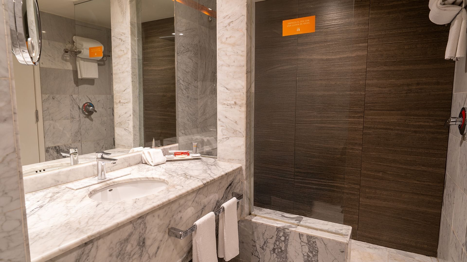 Bathroom with vanity and a dark wood-paneled walk-in shower in the King Executive Room at Real Inn Tijuana