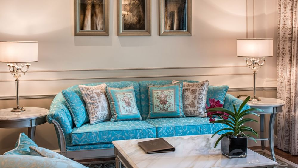 Living area with Sofa & table lamps at Palazzo Versace Dubai