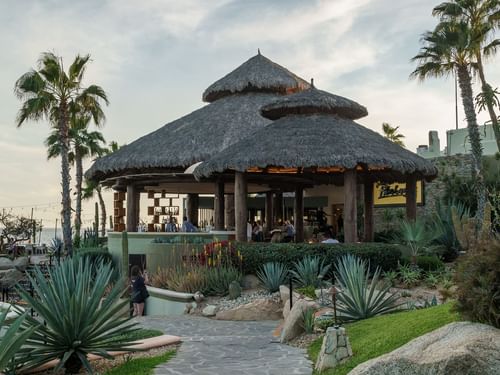 Comensales en un gran restaurante Pitahayas al aire libre, estilo palapa, con techo de paja en Hacienda del Mar Los Cabos