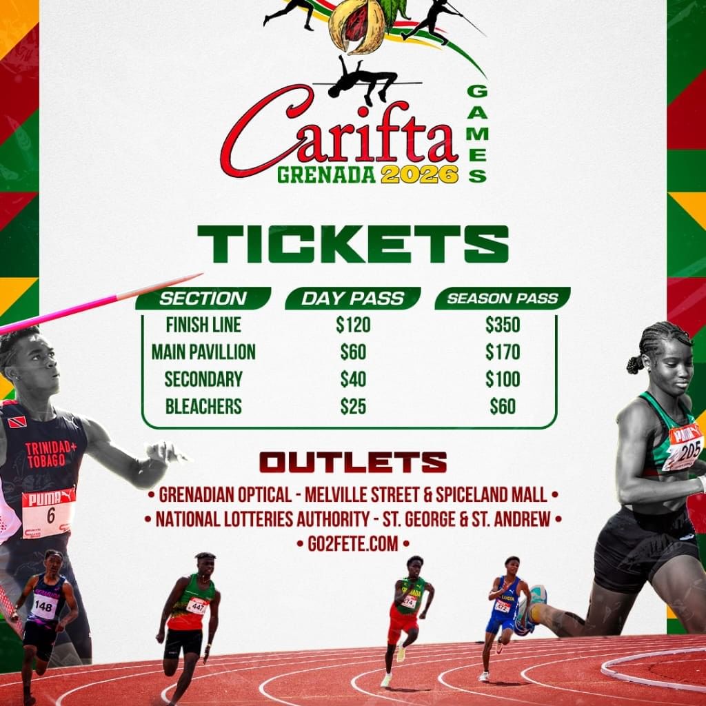 Poster for CARIFTA Games 2026 in Grenada with ticket prices and event dates.