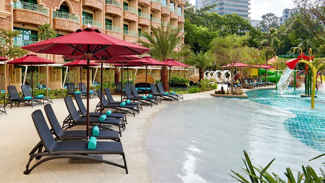 Loungers with canopies in the Water-venture at Sunway Resort