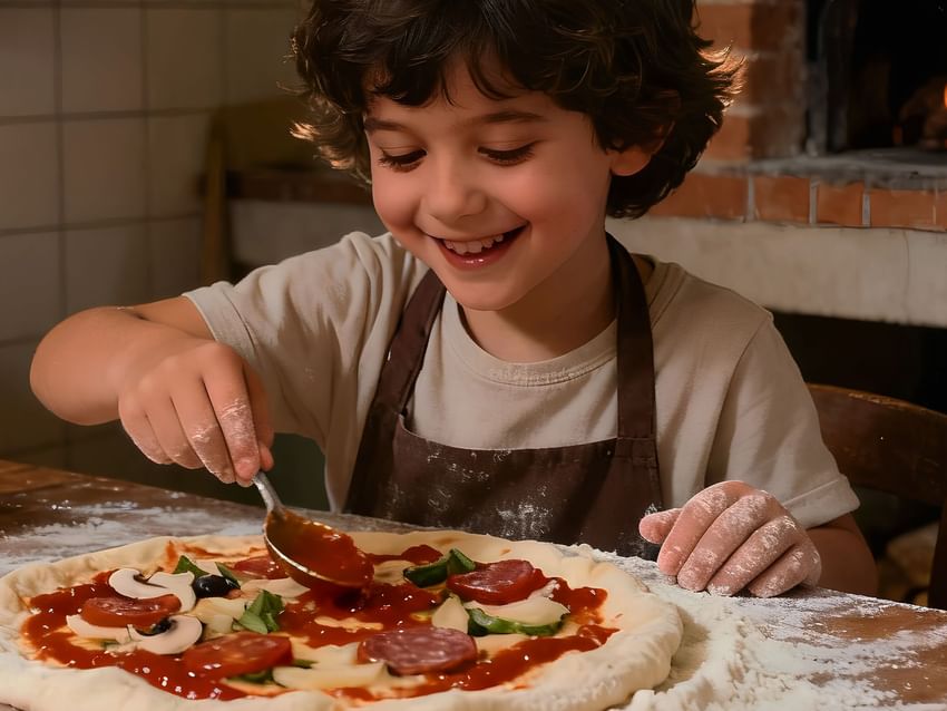 A young boy in an apron happily spreading tomato sauce on a homemade pizza at Camino Real Hotel