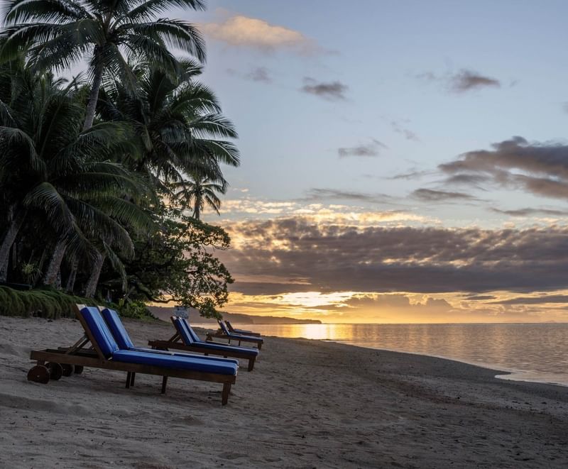 Blue lounge chairs by a sandy shore under a golden sunset near tropical palms near Warwick Fiji Resort and Spa