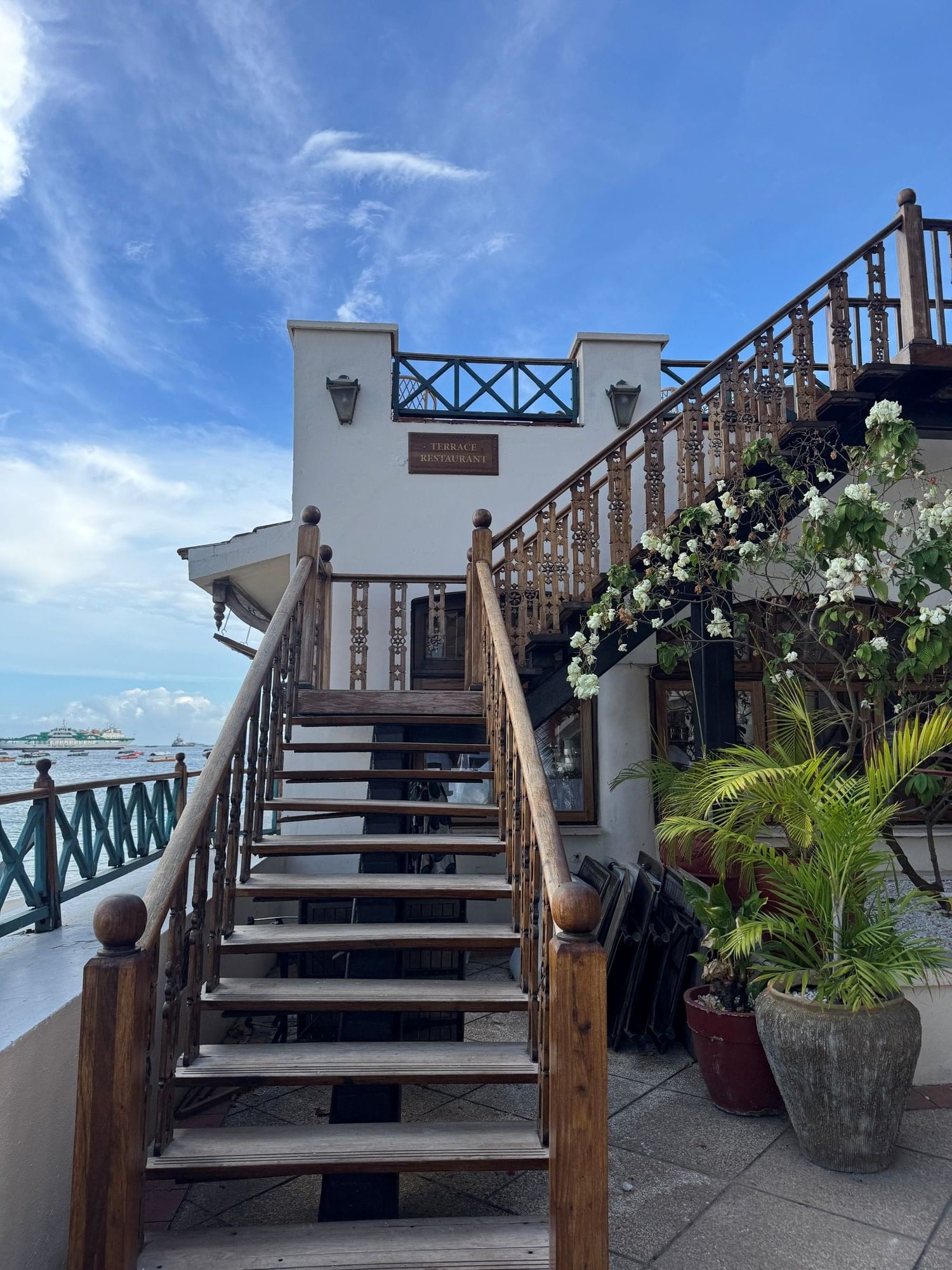 Staircase leading to Terrace Seafood Restaurant at Zanzibar Serena Hotel in Zanzibar.