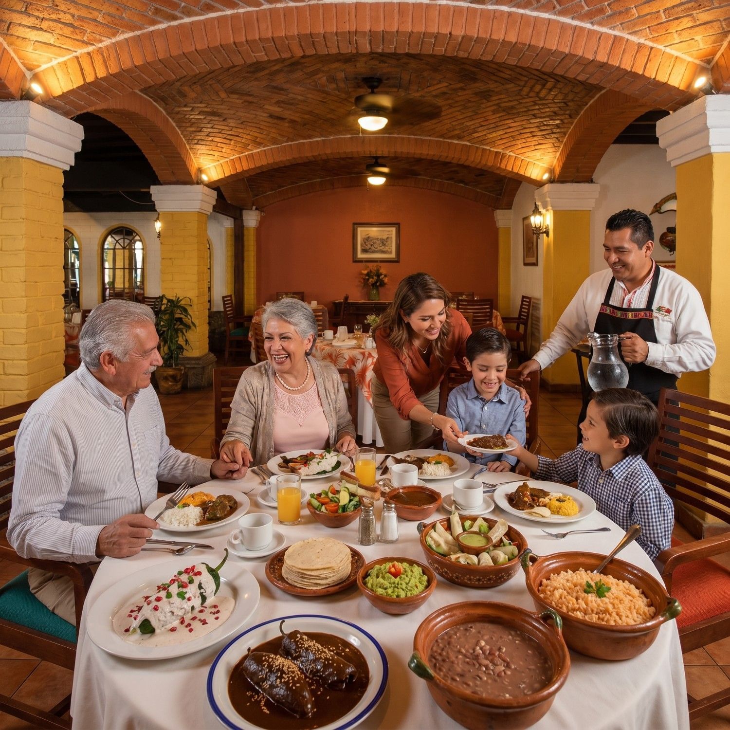 Familia multigeneracional disfrutando una comida tradicional mexicana en Hacienda Buenaventura Hotel & Mexican Charm en Puerto Vallarta