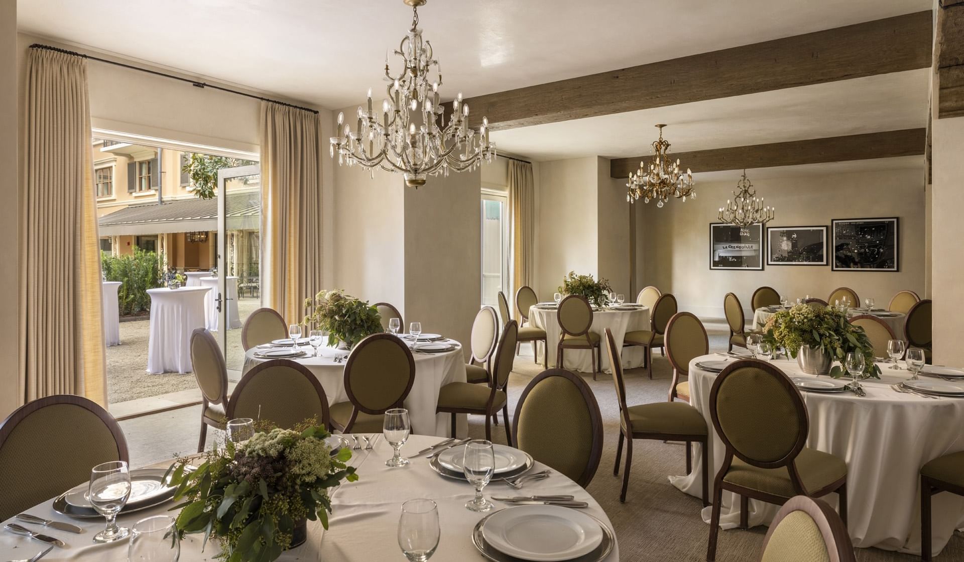The Bluebonnet Room at Granduca Houston, one of the elegant Houston wedding venues, with chandeliers and courtyard views