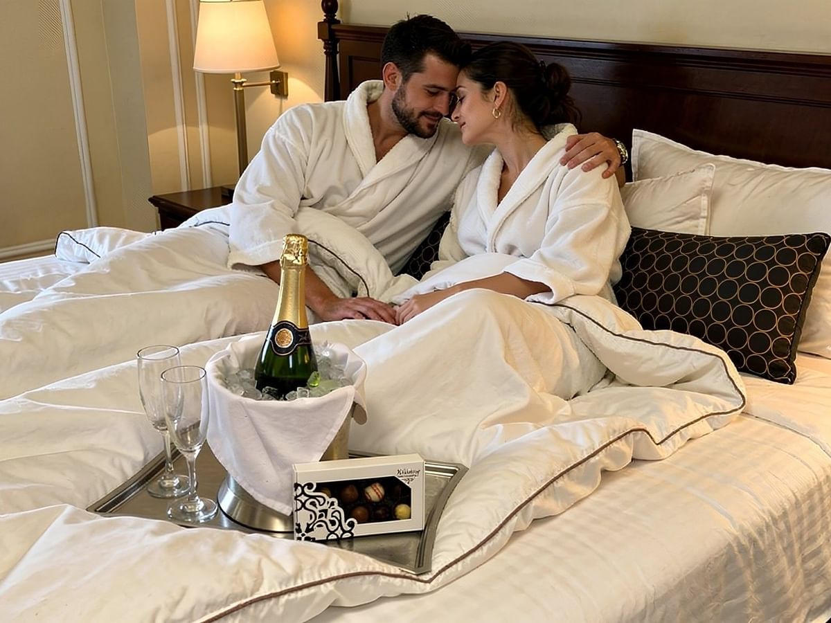 Couple in white robes enjoying wine by a window with a city view at Arlington Resort Hotel & Spa