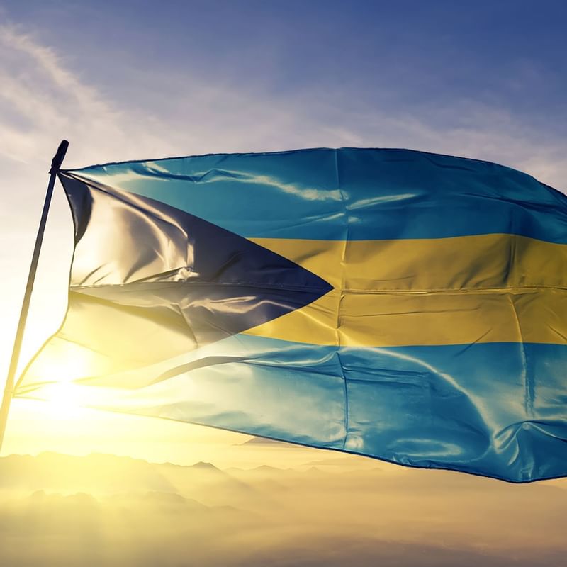 Portrait of the Bahamas Flag hoisted at Warwick Paradise Island Bahamas