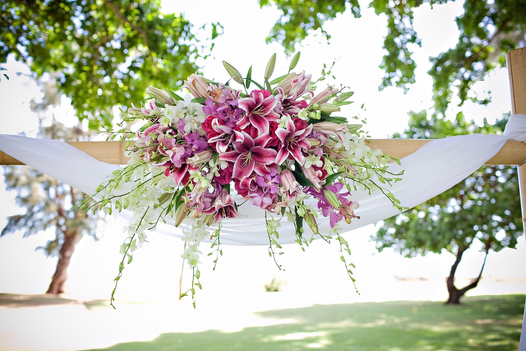 Hammock with a wedding bouquet at Waimea Plantation Cottages
