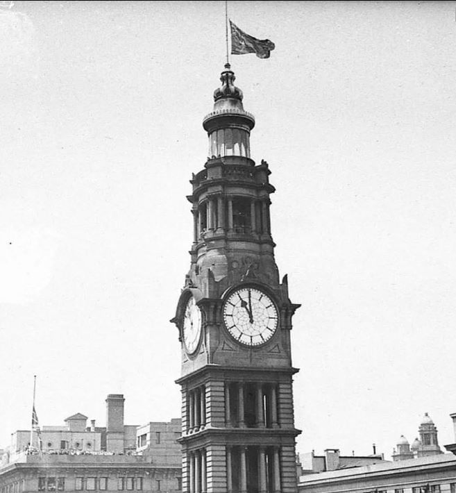 Portrait of Sydney Clock Tower near The Fullerton Hotel Sydney