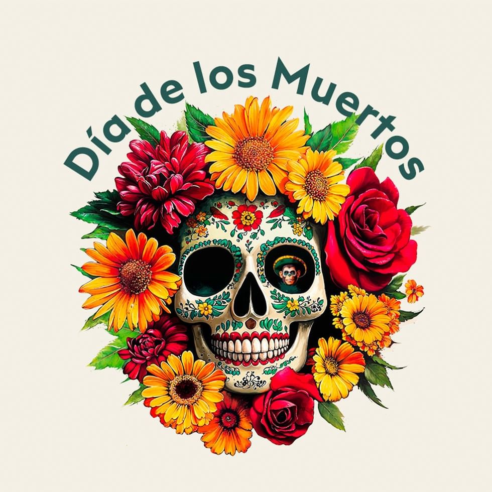 Teschio decorato per il Día de los Muertos con fiori e testo sovrapposto in verde.
