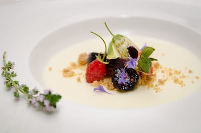 Elegant dessert with fresh berries edible flowers and crumbs artistically plated at The Stanley Hotel