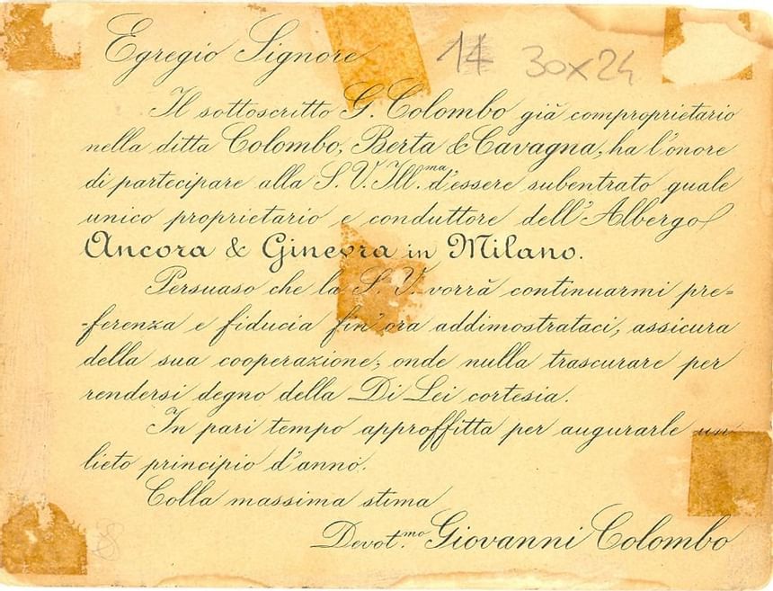 Lettera di Giovanni Colombo Hotel Manin Milano