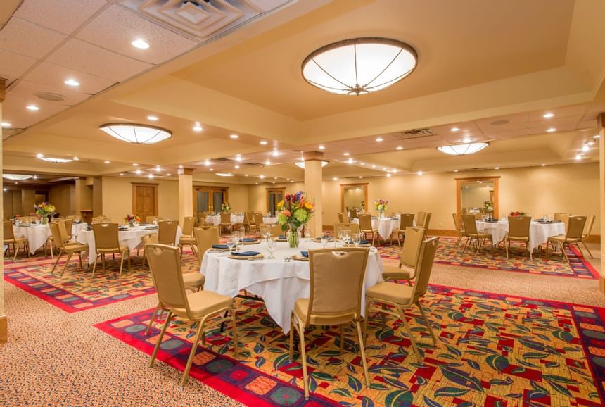 Banquet tables setup for dining at Wolfeboro Inn