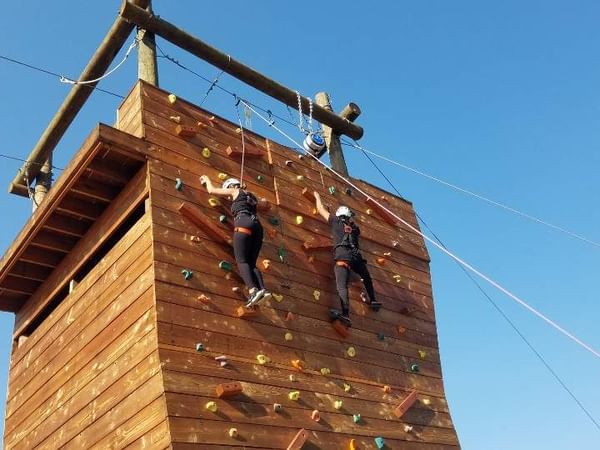 Two people on climbing wall