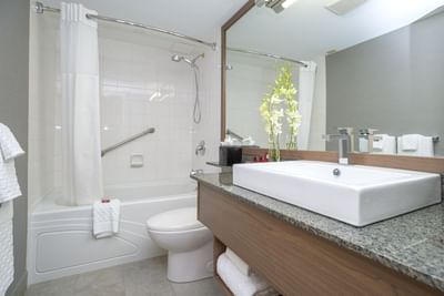 Sink and shower in bathroom