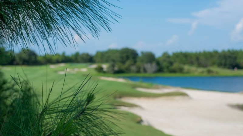 Landscape view of the golf course and lake at Watersound Inn