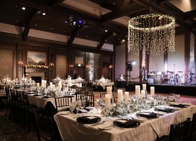The banquet table in a Ballroom at Stein Eriksen Lodge