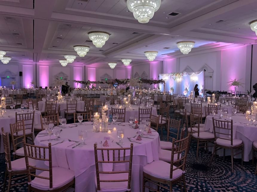 wedding reception set up in ballroom 