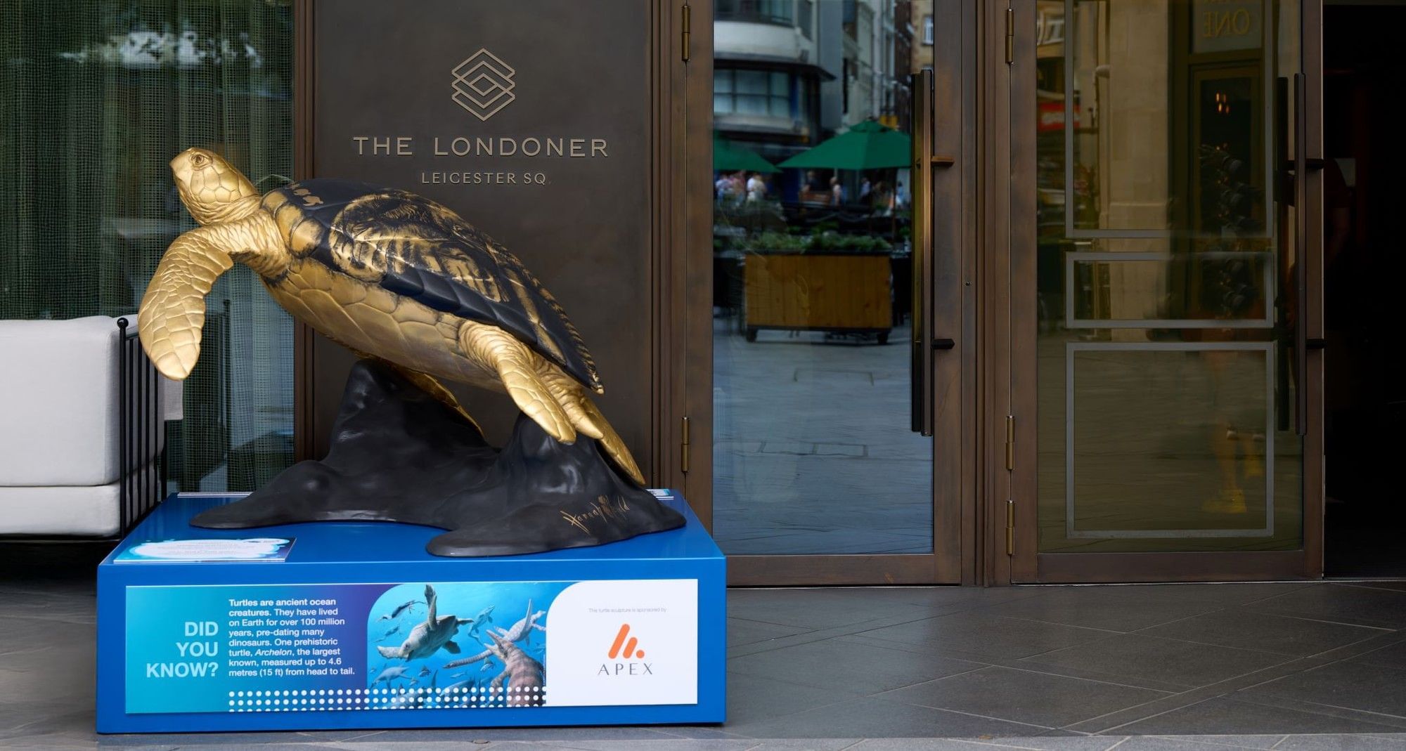Large, detailed turtle sculpture displayed on a blue stand with informational text at The Londoner hotel entrance