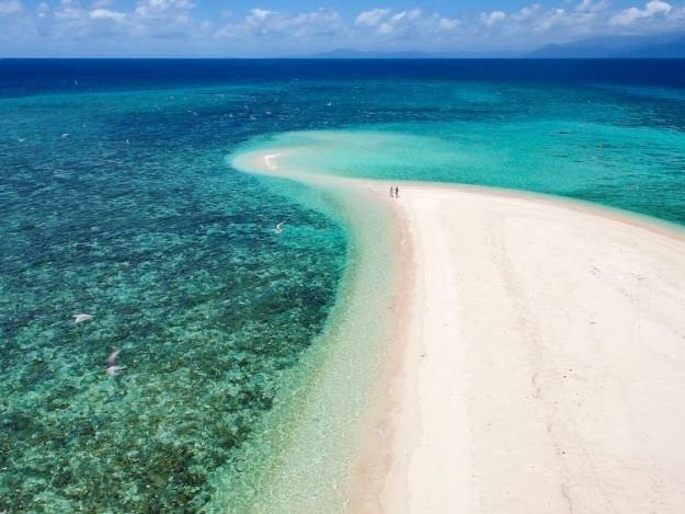 Aerial view of Mackay Coral Cay with sea and lush greenery near Pullman Port Douglas