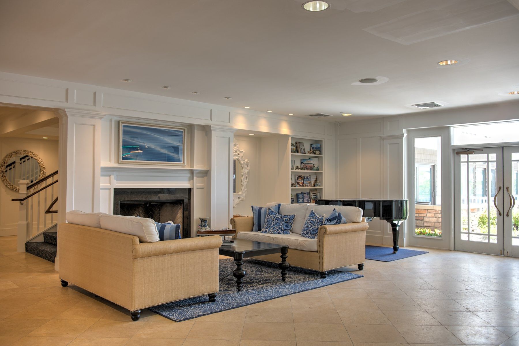 Lobby lounge area with a fireplace at our hotel in Avalon NJ