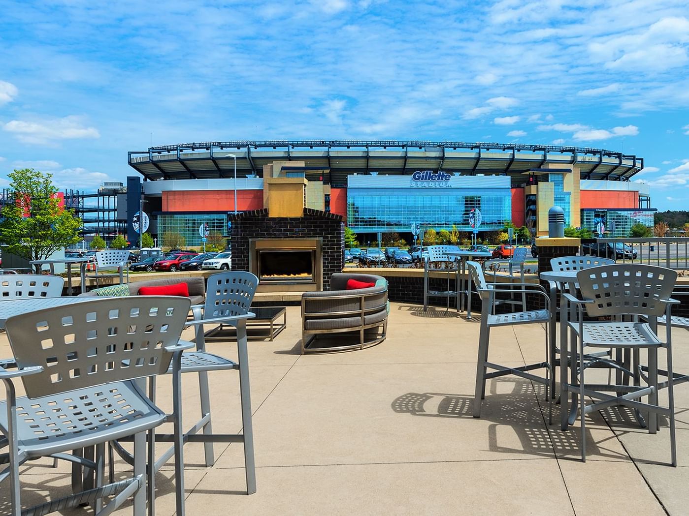 outdoor lounge with view of gillette stadium