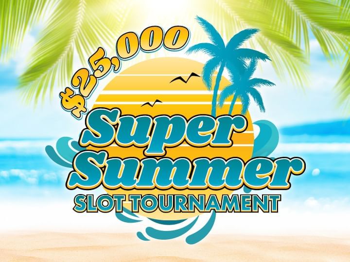 $25,000 Super Summer Slot Tournament Logo against a beach background