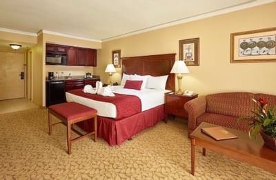 room with bed, sofa and small kitchenette