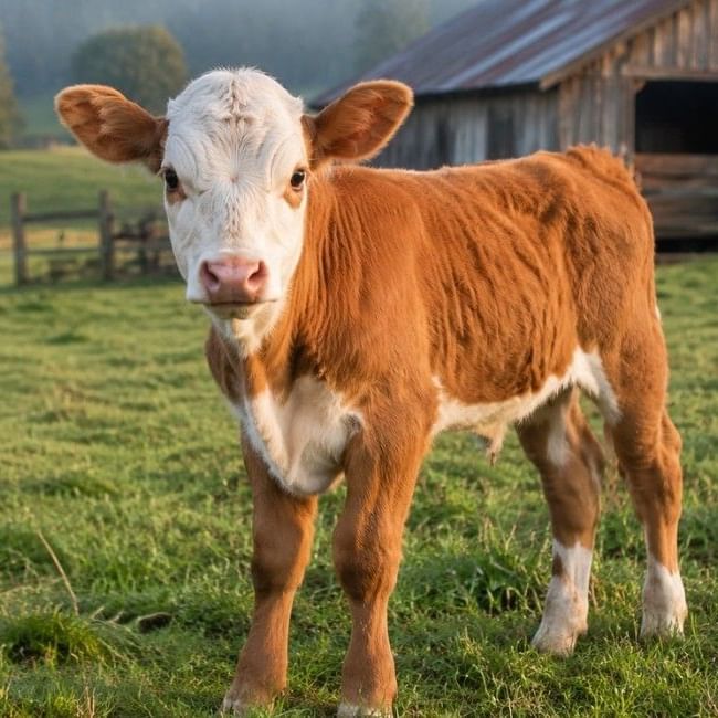 Brown and white calf standing in a grassy field with a wooden barn in the background at Thrift Farm in Milton Keynes