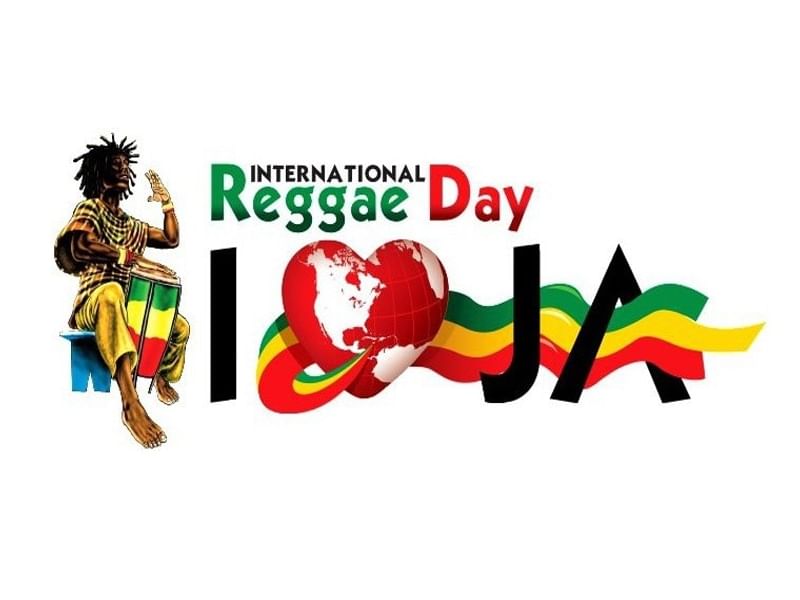 International Reggae Day poster with a man playing drums and red heart logo used by Jamaica Pegasus Hotel