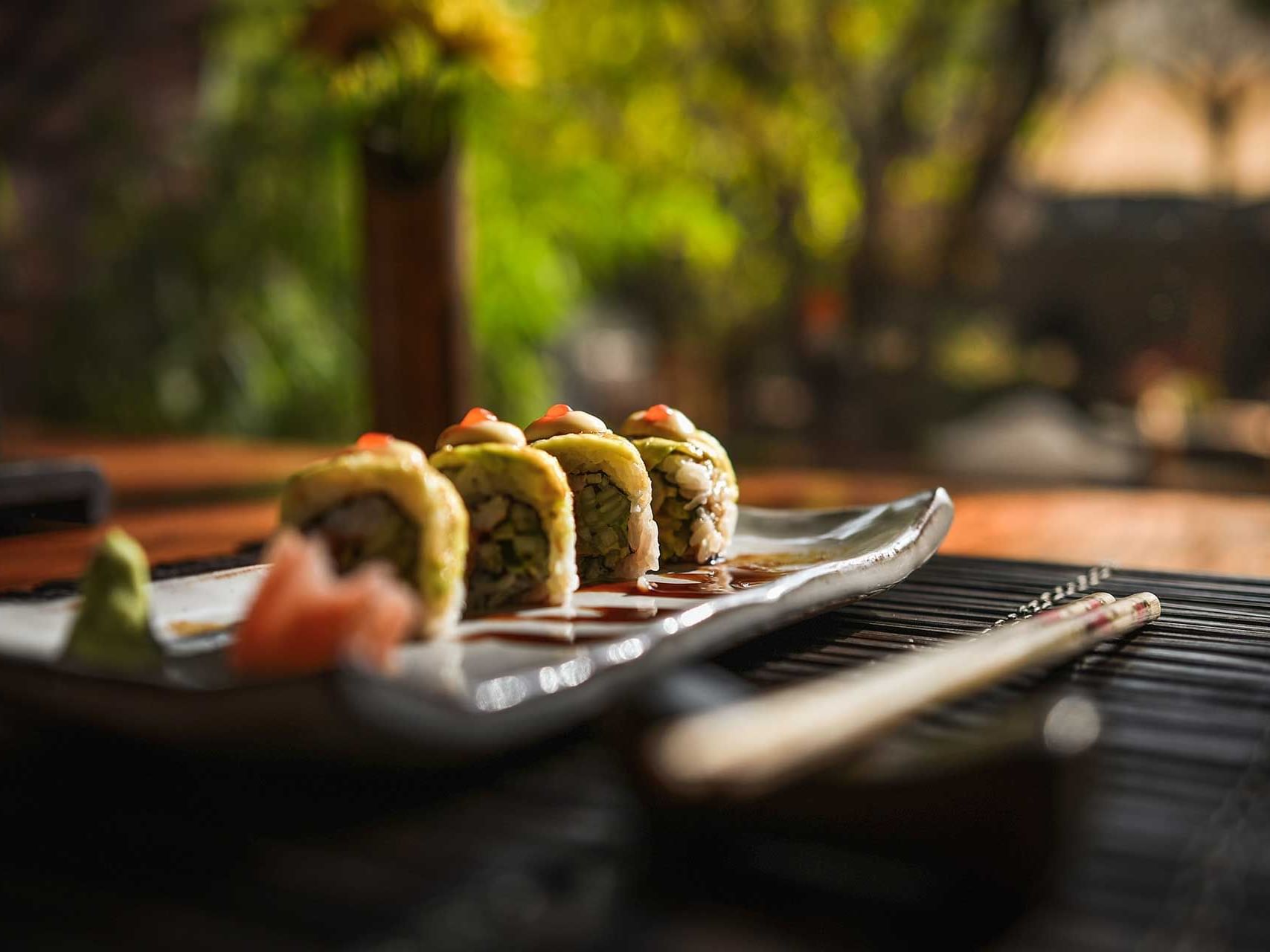 Sushi rolls garnished with wasabi and pickled ginger in Mako’s Japanese Restaurant at Dwarika's Hotel Kathmandu