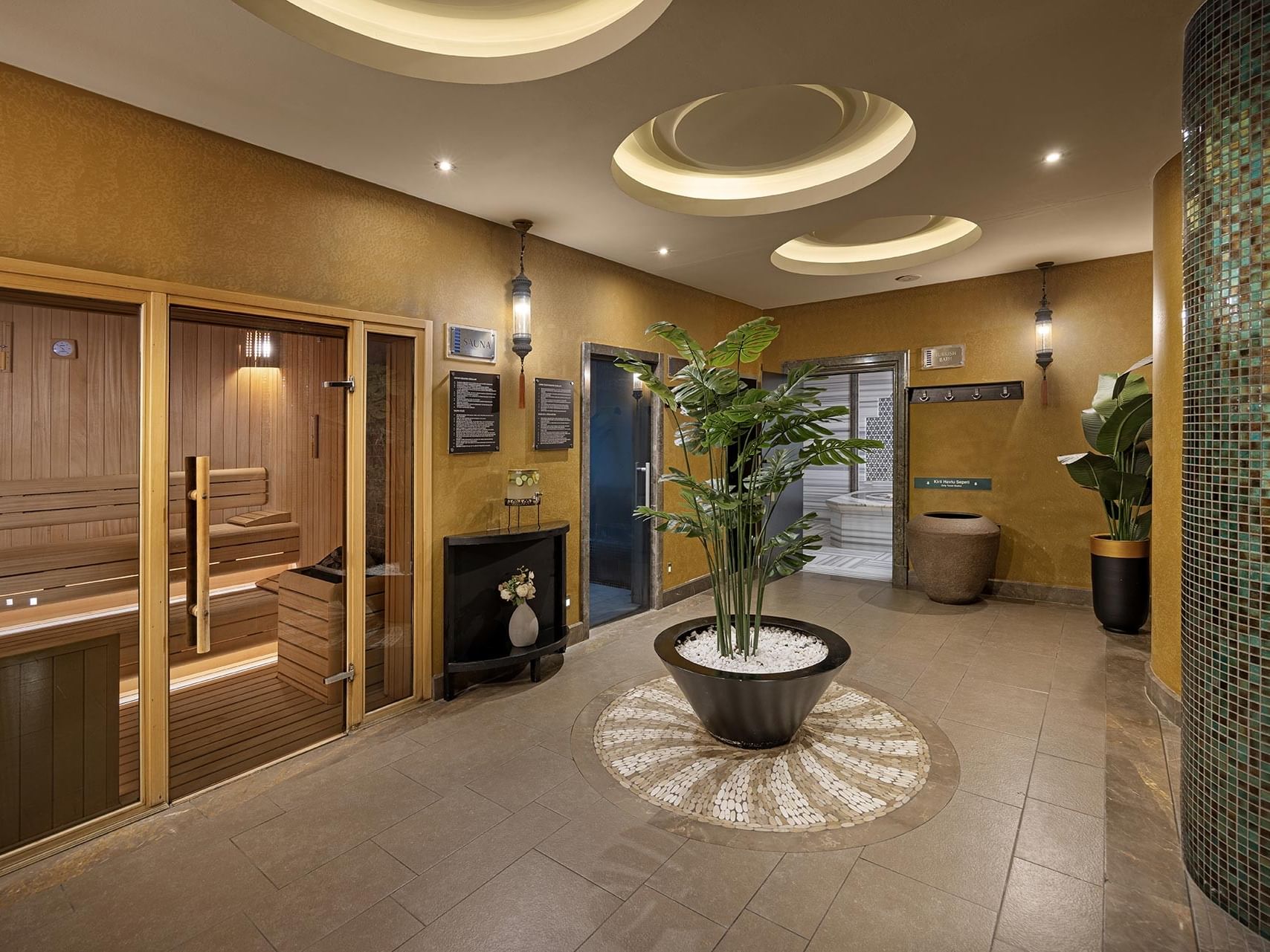Interior view of the spa area with sauna, steam room and hammam in Titanic City Taksim.