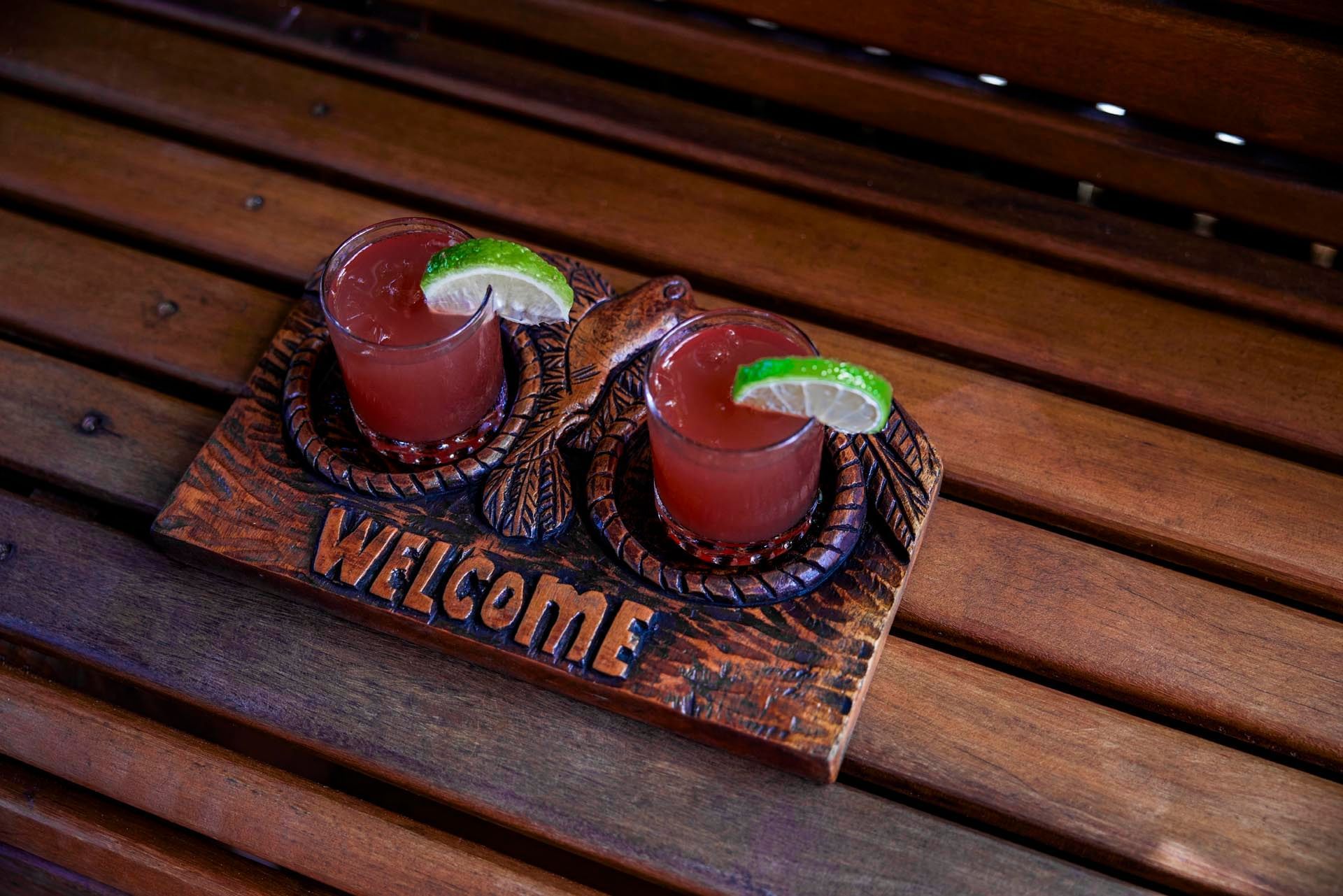Two Rum juices served with lime on a name of Welcome tray at Ladera Resort