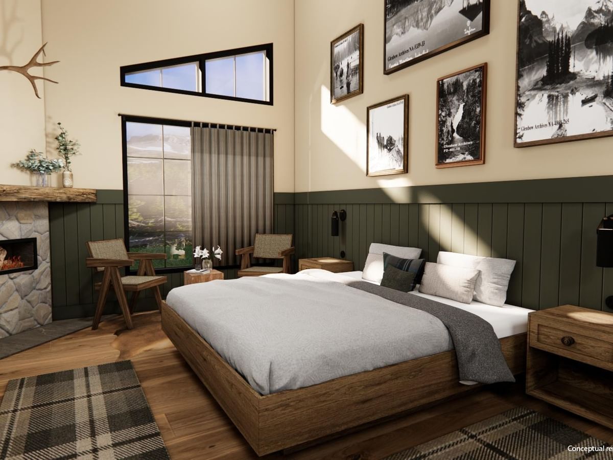 Cabin with bed, fireplace, and kitchenette