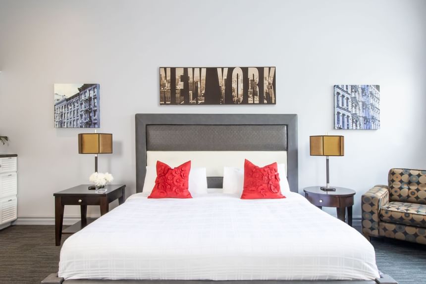 Comfy bed & pillows in King Superior Manhattan at Retro Suites