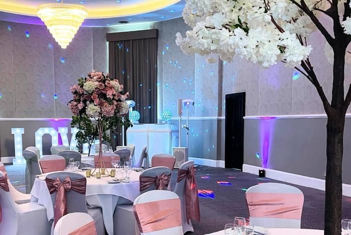 Wedding reception in ballroom at Villiers Hotel Buckingham