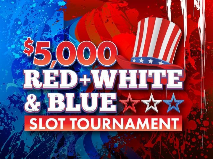 $5,000 Red + White & Blue Slot Tournament Logo against red and blue paint splats